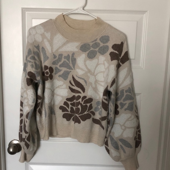 Floral Patterned Cream and Brown Sweater - Picture 1 of 6
